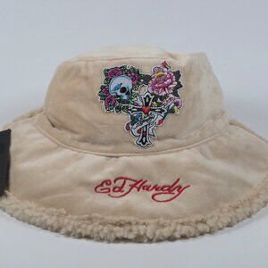 Ed Hardy Beige Plush Bucket Hat With Skull And Roses